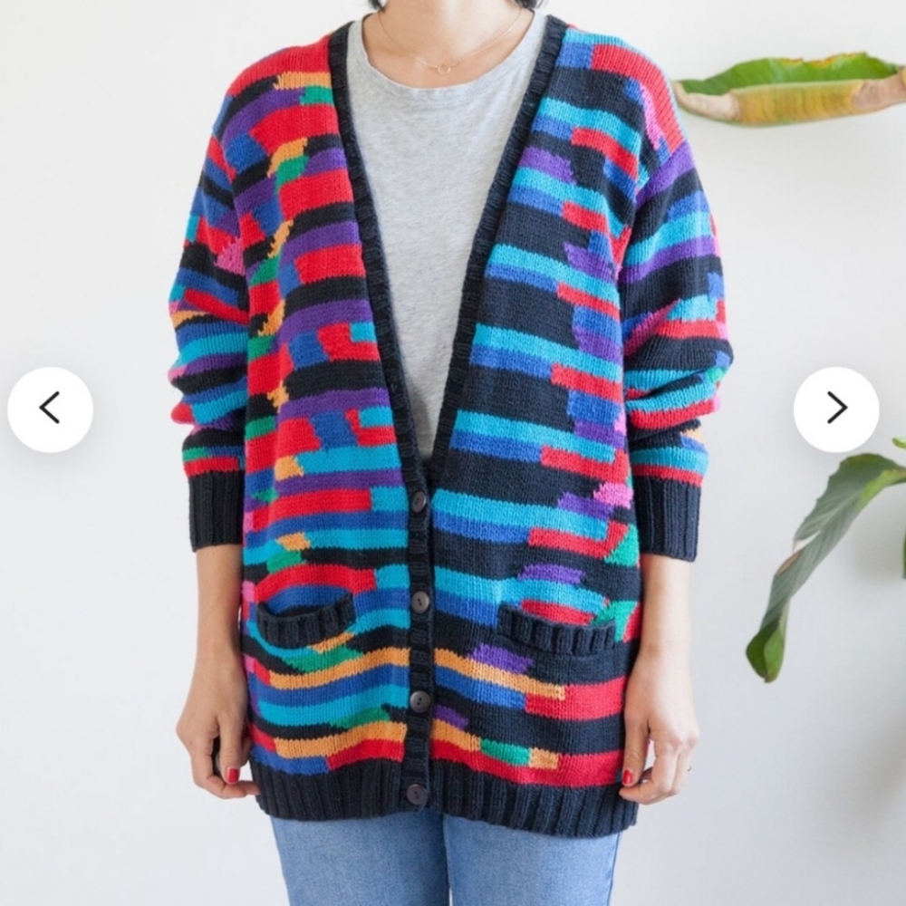 JH Collectibles Vintage 80's Colorful Cardigan Sweater Rare Cotton Hand Knit S/M
